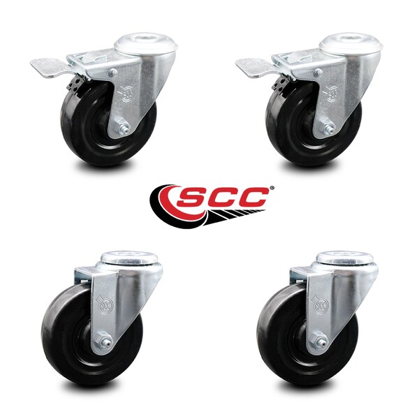 4 Inch Hard Rubber Wheel Swivel Bolt Hole Caster Set with 2 Total Lock Brake SCC